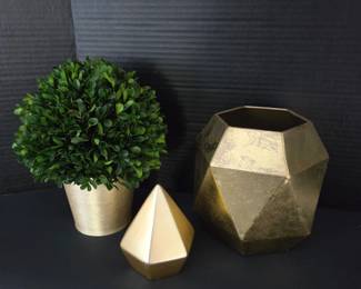 Gold-Tone Geometric Vase, Ceramic Sculpture & Green Topiary – Set of 3