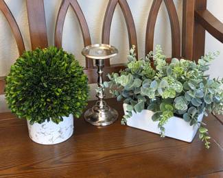 2 Faux Greenery Arrangements in White Ceramic Planters & Silver-Tone Candle Holder
