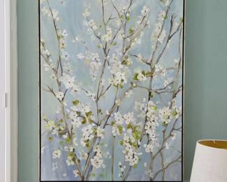 SR Lot #13 - Large Framed Floral Canvas Wall Art – White Blossoms on Blue Background – 31" x 41"