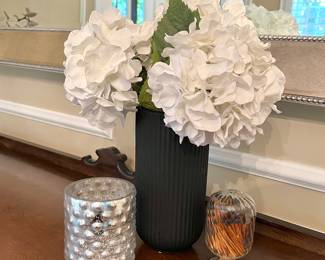 LR Lot #54 - 3pc. Decor Set Hydrangea in Black Vase, Candle Holder, Match Cloche