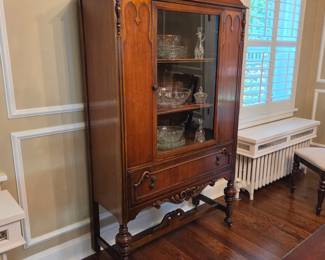 DR Lot #28 - Antique Carved Wood China Cabinet with Glass Door & Dovetailed Drawer – 68" Tall