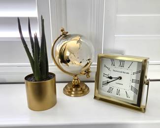 Gold-Tone Desk Décor – Glass Globe, Trafalgar Square Clock & Artificial Aloe Plant