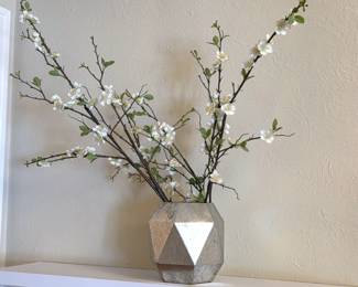 Silver Geometric Painted Metal Vase with Faux White Blossom Branches