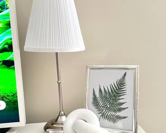 Modern 21" Table Lamp Silver Metal w/ White Pleated Shade + Wood Infinity Knot & Framed Botanical Print Home Decor