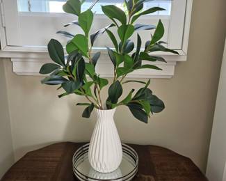 White Ceramic Vase with Faux Greenery & Round Mirrored Tray