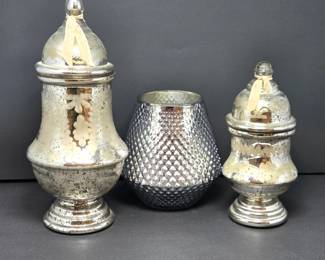 B Lot #81 - Set of 3 Mercury Glass Decorative Vases & Lidded Jars – Silver