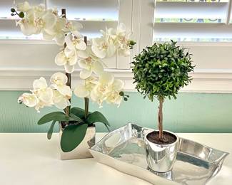 Home Decor Lot: Boxwood Topiary Plant In Silver Ceramic Pot, Modern Tray, Orchid Plant