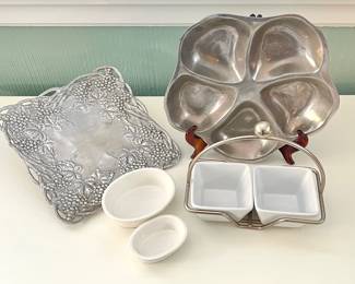 - Vintage Serving Set- Divided Serving Tray, Arthur Court Grape Patterned Platter, Pampered Chef Caddy, Two Ramekins
