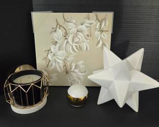 4-Piece Decorative Accent Set – Ceramic Star, Floral Art & Candle
