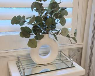 UB Lot #115 - Modern White Donut Vase with Faux Eucalyptus & Mirrored Vanity Tray