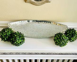 LR Lot #33 - Silver Decorative Tray- 22” Boat Shaped w/ Glass and Mirror Mosaic + 4 Topiary Balls