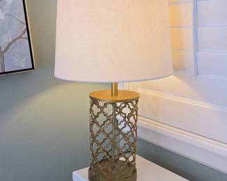 SR Lot #8 - Antiqued Gold Moroccan Trellis Table Lamp with Ivory Drum Shade