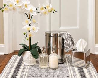 Modern Bath Set- Stainless Trash basket, Soap & Lotion Dispenser, Hand Towel, Faux Orchid & Grey White Bath Mat