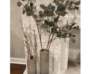 B Lot #49 - Pair of Tall Ribbed Ceramic Floor Vases with Decorative Branch Arrangements