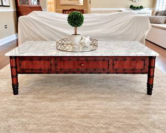 LR Lot #20 -Williams Sonoma Home Hampstead Coffee Table- Mahogany w/ White Italian Carrara Marble Top - 60” Long