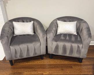 B Lot #45 - Pair of Gray Velvet-Like Upholstered Barrel Bucket Chairs with Accent Pillows