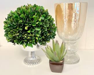 Set Of 3 Decorative Home Decor Accents: Crackled Amber Glass Vessel, Topiary in Silver Pedestal Bowl and Mini Cactus
