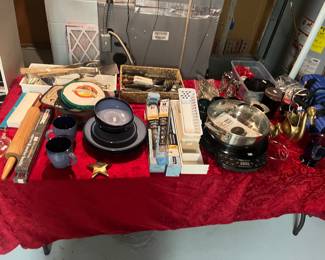 New wave , dishes, kitchen utensils, sm. weights, Voga mat, pot holders, rolling pin, misc