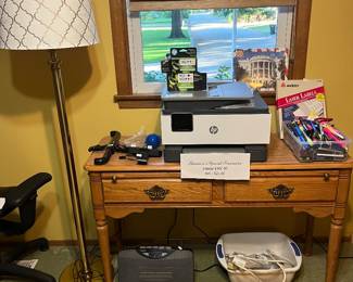 Side table, Hp printer, floor lamp, portable heater, power strips, office supplies