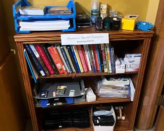 Small bookcase, books, stationary, etc