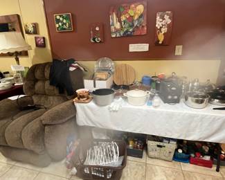 Lift chair, kitchen appliances and dishes 