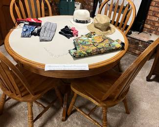 Tile top dining table and 4 chairs, cool cumber bon, ties and vest/ hats 