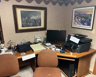 Desk, printer, 2 office chairs, monitor, cannon camera, paper cutter…