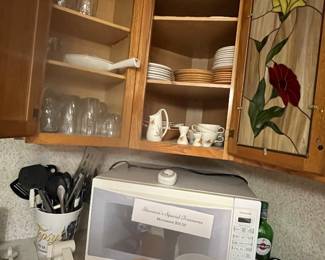 Microwave, dishes set, glassware