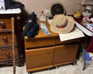 2 wooden filing cabinets , fun hats, great walking stick, compression socks 