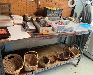 Baskets, office supplies, misc nuts/bolts bin, ironing board misc