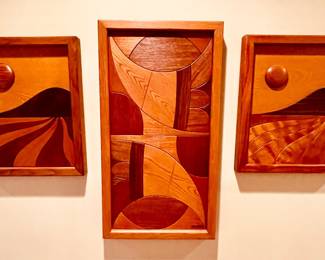 SIGNED MID CENTURY MODERN WOODEN MARQUETRY WALL SCULPTURE TRIPTYCH BY CRINER
