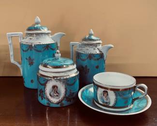 19TH CENTURY SEVRES STYLE TURQUOISE PORCELAIN TEA SERVICE W/PORTRAITS