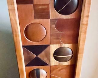 MID CENTURY GEOMETRIC WOODEN MARQUETRY AND VENEER WALL ART PANEL