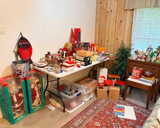 Huge Collection of Christmas Decor, including linens. Sewing Cabinet & Bench