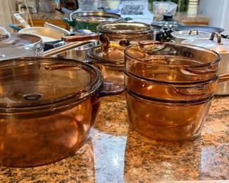 Vintage 1980's Corning Vision Amber Cookware 9-Piece Set