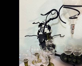 Vintage 1950's German Wrought Iron Glass Wine Aerator Dispenser w/Crystal Wine Decanter & Green Stem Glasses