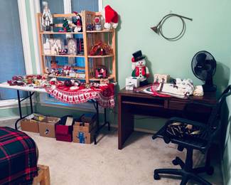 Christmas decorations, computer desk and chair