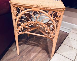 vintage peacock-style woven rattan and wicker side table