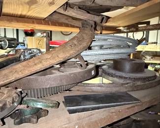 Assorted Vintage Industrial Machinery Components including Cast Iron Gear and Pulley