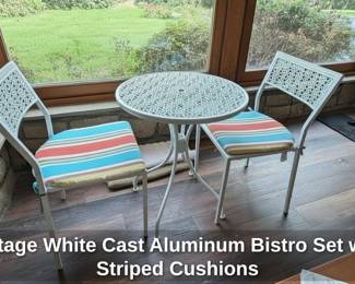 Vintage White Cast Aluminum Bistro Set with Striped Cushions
