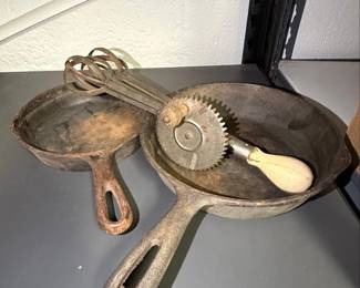 Vintage Cast Iron Skillets and AJ Rotary Egg Beater