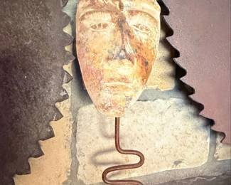 Vintage Carved Wooden Mask Sculpture on Metal Stand
