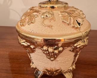 Vintage Gold-Tone and Cream Ceramic Covered Jar