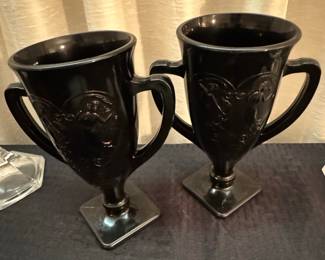 Pair of Vintage L.E. Smith Black Amethyst Glass 'Dancing Nymphs' Loving Cups