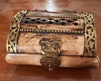 Vintage Camel Bone and Brass Trinket Box with Owl Clasp