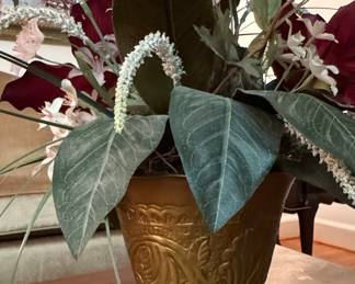 Vintage Embossed Brass Pedestal Urn with Artificial Floral Arrangement