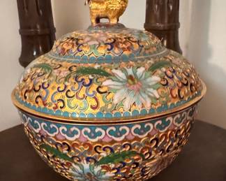 Vintage Chinese Cloisonné Openwork Lidded Bowl with Foo Dog Finial