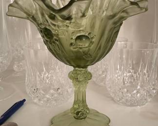 Vintage Fenton Colonial Green Cabbage Rose Compote