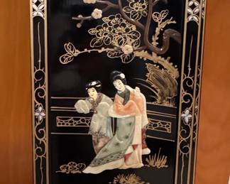 Vintage Asian Lacquer Wall Panel with Applied Figures