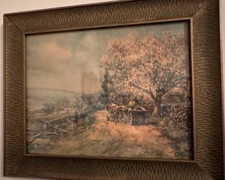 Vintage Pastoral Landscape Print with Textured Frame